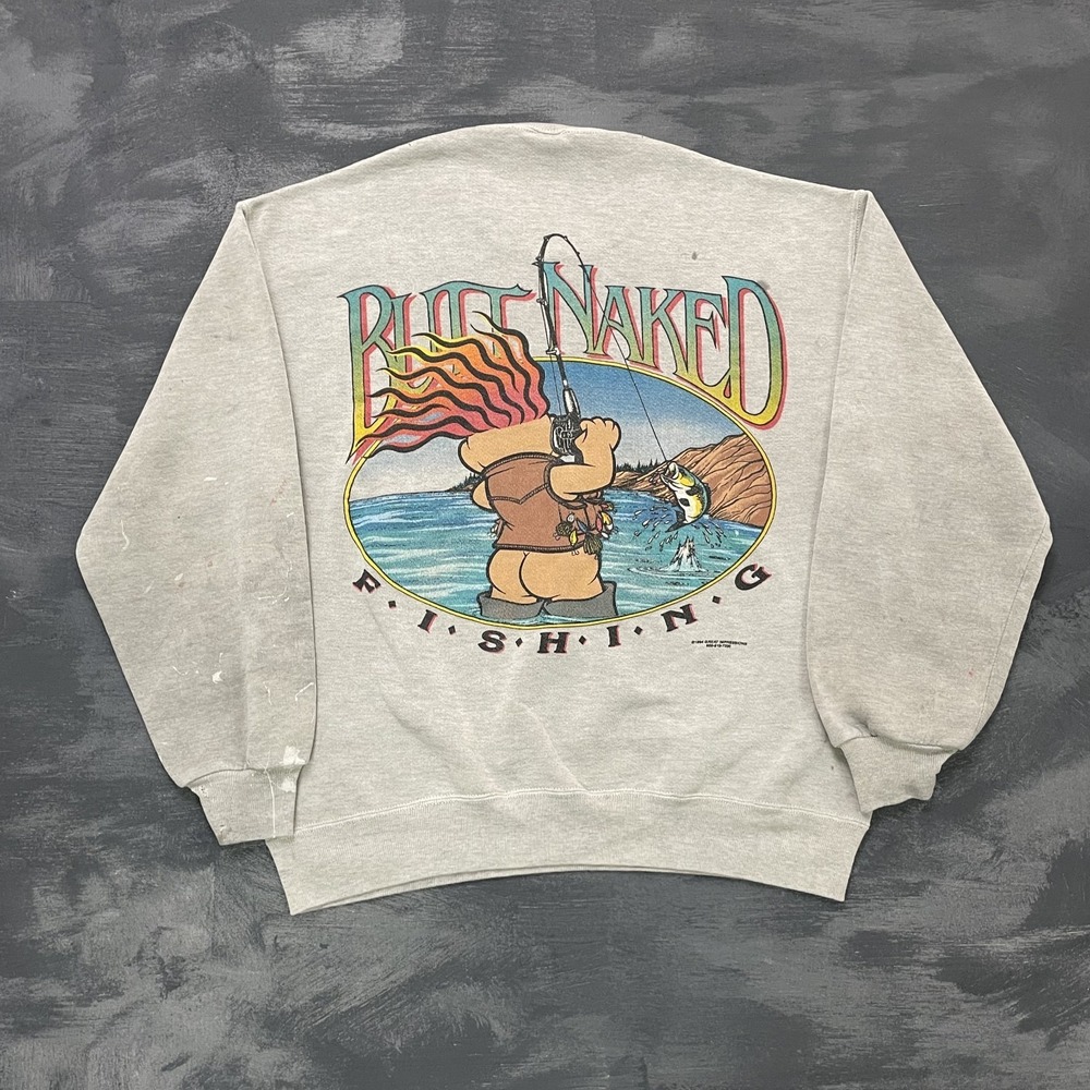 vintage BUtt Naked fishing sweatshirt mens large gray 1990s funny Bass pro